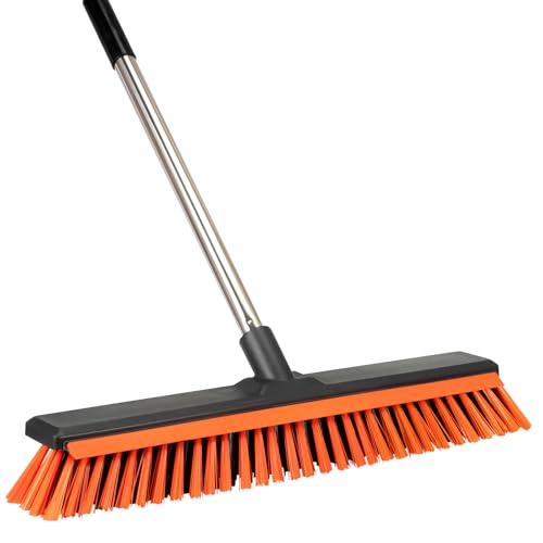 18 Push Broom Outdoor with Rubber Squeegee Heavy Duty Broom Brush with Handle Stiff Bristles for Patios and Deck Dirt Garage Warehouse Driveway Concrete Floor Cleaning Scrubbing