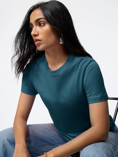 Image of The Souled Store Casual Classics: Women and Girls Short Sleeves Spread Collar Solid Cotton Regular Fit Breathable Lightweight Trendy Everyday T-Shirt