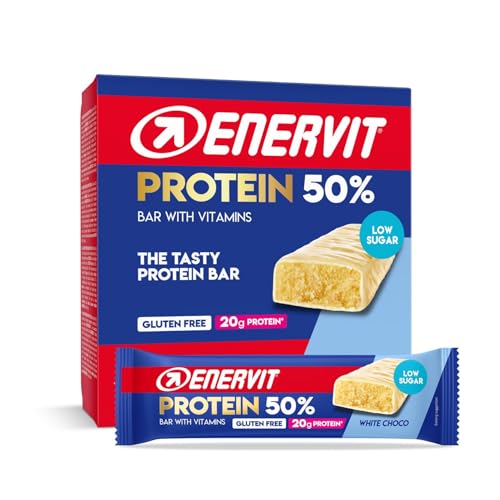 Enervit, Barrita Proteica 50% White Choco, 20g de Proteínas, Baja en Azúcar, con Vitaminas D y B6, Para la Recuperación Después del Deporte, Sabor Chocolate Blanco, Sin Gluten, 12 Barritas de 40g