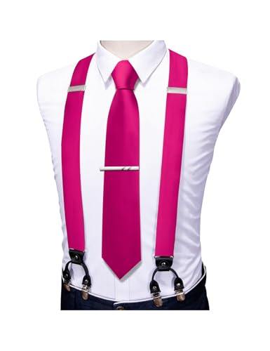 Image of Barry.Wang Men Suspender Set with Necktie Elastic Y Type Heavy Duty 6 Clips Braces Tie Handkerchief Cufflink Pin 6PCS