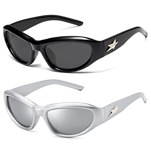 2 Stück Wrap Around Fashion Sonnenbrille Herren/Damen,Rave Brille,Schnelle Brille Rave,Trendy Futuristic Oval Shades,Y2K Sonnenbrille,Sport Sunglasses Men/Woman,UV400-Radfahrerbrille