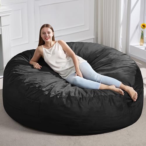 Image of Hobestluk Giant Bean Bag Chairs 6FT Oversized BeanBag Chair for Adult Jumbo | Memory Foam,Removable Cover,Velvet Fabric,Storage Pocket,Handle,Breathable Lounge Chair for Bedroom Study Room | Black 6FT