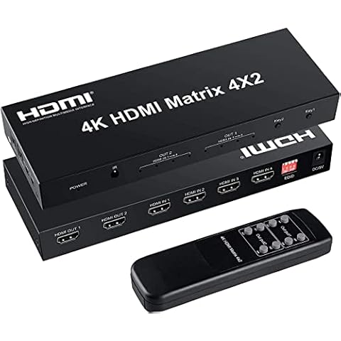 FERRISA 4x2 HDMI Matrix Switch,4 in 2 Out Matrix HDMI Video Switcher Splitter +Optical & L/R 3.5mm Output,Support Ultra HD 4K x 2K,3D 1080P,Audio EDID Extractor with IR Remote Control Cover