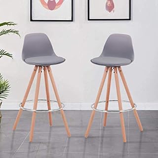 GOLDFAN Bar Stools Set of 2 pcs Breakfast Kitchen Counter Chairs Soft PU Leather Cushion High Stools with Solid Natural Wood Legs (Grey, 2)