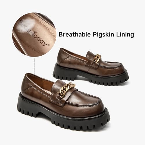 Image of BEAU TODAY Chunky Loafers for Women,Womens Platform Loafer Shoes,Chunky Heel Lug Sole Slip-on Metal Chain Shoes,Comfort Round Toe Business Work Office Shoes