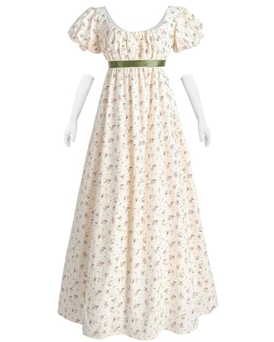 NSPSTT Vestidos de regencia para mujer, vestido floral de la época de la regencia, cintura imperio, vestido largo de fiesta de té con guantes, beige, XL