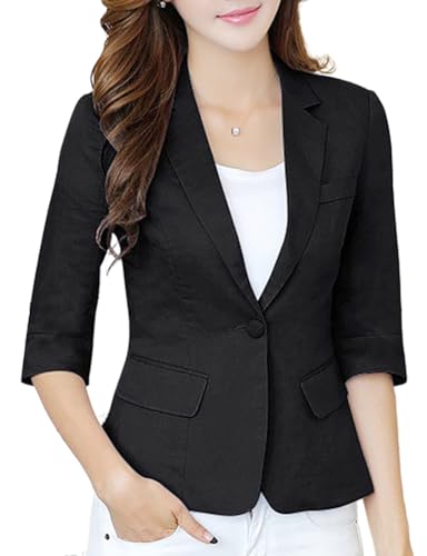 IDEALSANXUN Womens Cropped Linen Blazer Casual 3/4 Sleeve Lightweight Spring Summer Jackets Tops
