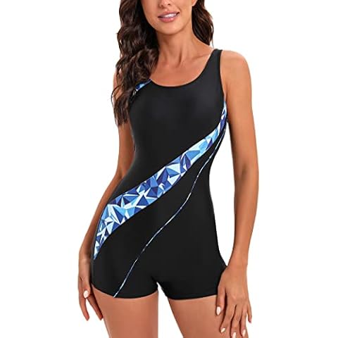 Ruuione Femme Maillot de Bain Une Pièce Sport Amincissant Natation Siamois Shorty,4Blue Cover