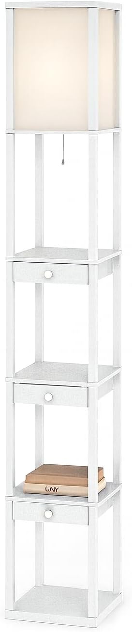 Urban Lifestyle Modern Grey Shelf Floor Lamp with Fabric Shade, Tall Standing Lamp with 3-Tier Storage Shelves, Pull Chain,Ideal for Living Room, Bedroom, Office