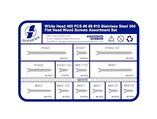 Image of QISHENG 400 PCS White Head #6#8#10 Stainless Steel Phillips Flat Head Wood Screws Assortment Set,Stainless Steel 18-8 A2(304) Screw,Home Screw Kit