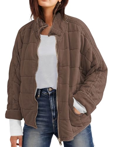 Wefebi Womens Dolman Quilted Lightweight Jackets Full-zip Stand Collar Loose Warm Winter Outwears with Pockets(0003-Brown-M)