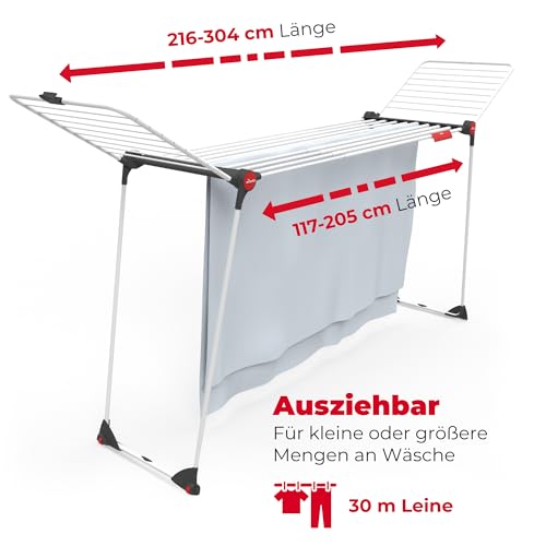 Vileda Infinity Flex Plus Wäscheständer | Ausziehbarer & Stabiler Flügeltrockner mit 30m XXL-Leinen - Für Innen- & Außenbereich, platzsparend & klappbar, 2m Länge, Hohe Flügel | Comfort-Pack