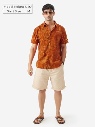 Image of The Souled Store Tropical Beat Men and Boys Short Sleeve Collared Neck Regular Fit Button Down Orange Printed Shirts
