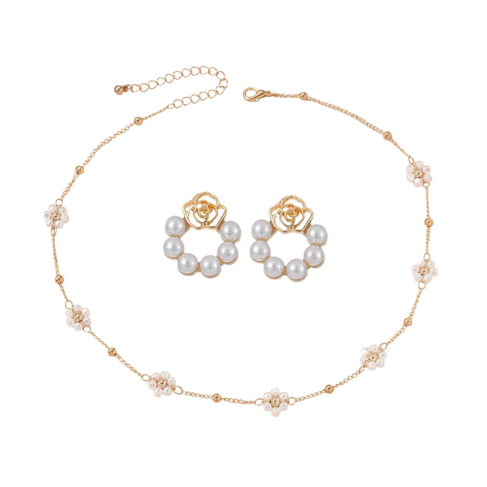 QKEPCY Collar de Imitación de Perlas Pendientes Juego de Joyas para las Mujer Niñas Joyería Nupcial Set Perla Bodas Fiesta Cumpleaños Aniversario Navidad Día de la Madre Día de San Valentín Regalos