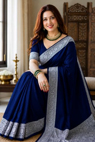 Image of Women's Glory Banarasi Satin Kanjivaram Saree Silver Zari Border Pure Soft Blend Silk Sari Kanchipuram Paithani Silk Party Wedding Festive New Ladies Sadi with Unstiched Blouse Piece. (Pink)