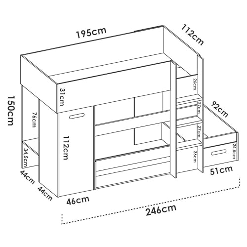 Dmora - Schlafzimmer Focalone, Komplettes Schlafzimmer, Kinderzimmer, Loft-Bett Kit, 246x112 h150 cm, Weiß und Eiche – Bild 5