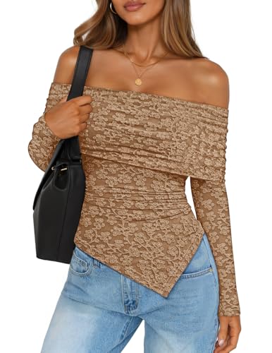ZESICA Women's Fall Floral Off Shoulder Tops 2025 Mesh Long Sleeve Shirts Asymmetrical Ruched Tee Blouses Trendy Outfits