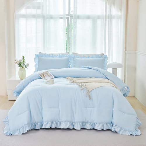 ANGIYUIN 5 Pieces Light Blue Full Bed in A Bag for Kids Girls Ruffle Bedding Sets Boho Comforter Set Vintage Farmhouse Bedding Comforter Sets with Sheets(Light Blue Full)