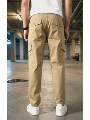 Image of Men's Cargo Trousers-100% Premium Cotton Regular Fit Lightweight Breathable Elastic Waist Multi-Pocket Casual Utility Pants
