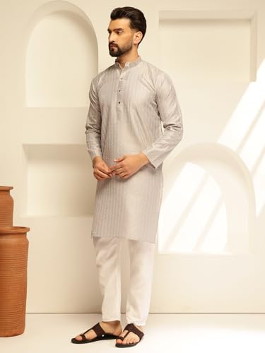 Image of SOJANYA (Since 1958 Men's Silk Blend Contrast White Thread Detailing Kurta With White Pyjama