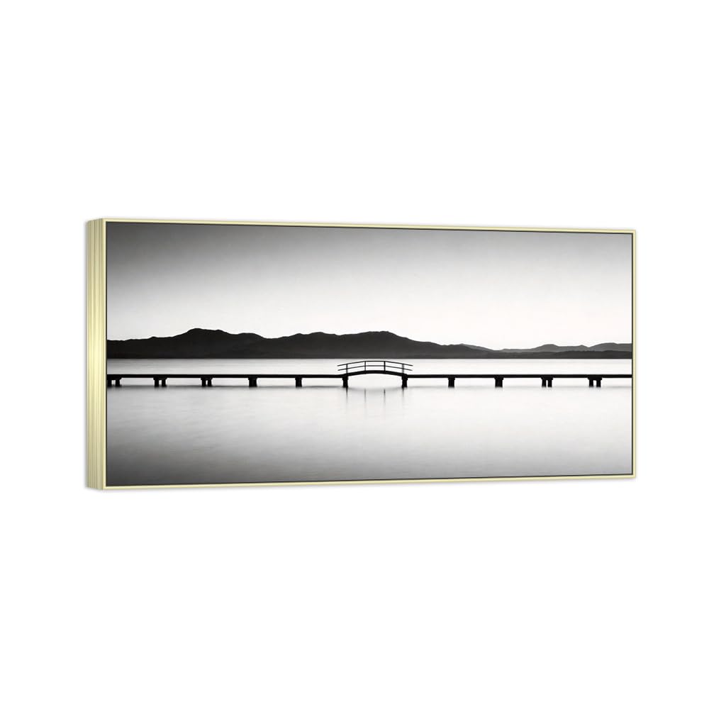 Sea Mountain Black White Landscape Canvas Picture 60x120cm Silver Frame