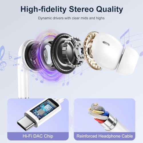 AILKIN Écouteurs Filaire USB C pour Galaxy A17 5G A16 A56 A57 A55 A36 A26 S26 Ultra S25 S24 S23 S22 S21, Intra-Auriculaires Écouteur USB C Casque Audio Filaire Typ C avec Micro pour iPhone 17 16 15 – vue 3