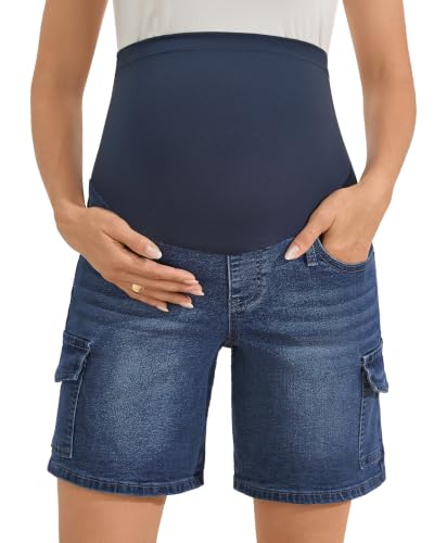 Image of PACBREEZE Women's Maternity Jean Shorts Over Belly Stretch Denim Shorts Trendy Summer Pregnancy Clothes