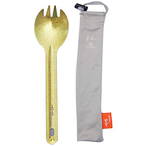 TiTo Bright Colorful Titanium Spork for Outdoor Camping Light Weight Titanium Spoon for Travel Home with Cloth Bag (Gold Spork)