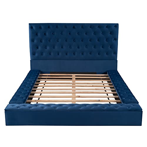 Lepfun Queen Upholstered Platform Bed With Storage Space On Both Sides And Footboard, Button Tufted Queen Size Bed Frame With Storage For Kids Teens Adults, No Box Spring Needed, Blue #TOP3