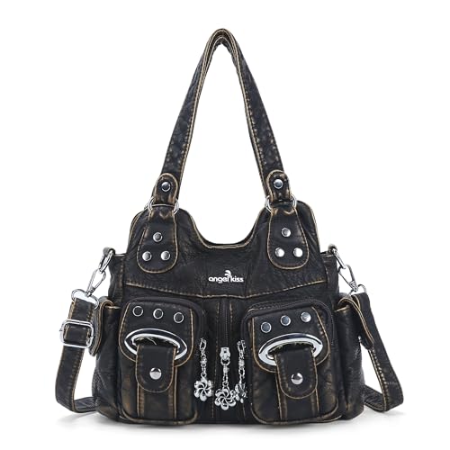 Image of Angel Kiss Small Hobo Purses for Women, Washed Vegan Leather Multi-Pocket Purse, Shoulder Handbag with Adjustable Strap