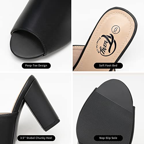 Trary Black Women's High Peep Toe Chunky Mules - Comfortable Sandals With Block Heel, Size 8 #TOP3