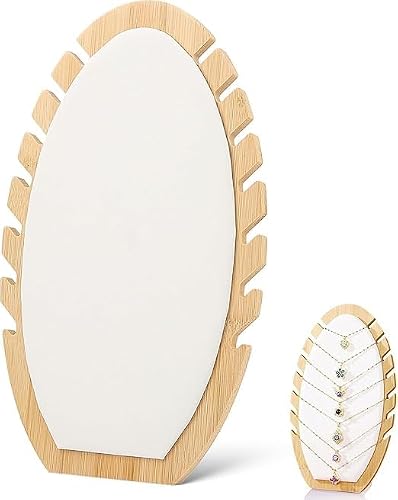 Wooden Necklace Display Stand with PU Leather Mat, Oval Tabletop Jewellery Organiser for 12 Necklaces, 26 x 16 x 7 cm, White