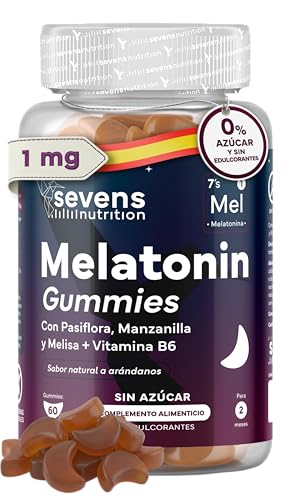 Melatonina Gominolas Sin Azúcar ni Edulcorantes - Gummies para Dormir con 1 mg de Melatonina, Pasiflora, Melisa, Manzanilla y Vitamina B6 - Sabor Arándano - 60 Gummies Veganas