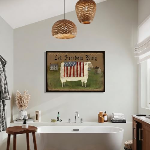 Image of RIBNTAK Americana Farmhouse Canvas Wall Art, Rustic God Bless America Sheep Pictures with USA Flag Artwork Patriotic Country Decor for Living Room Entryway Bedroom