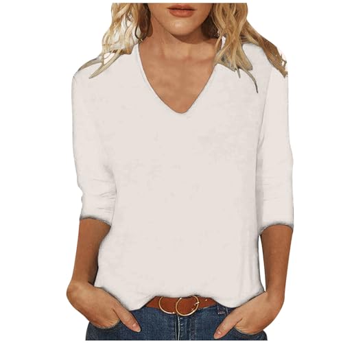 Womens 3/4 Length Sleeve Tops 2024 V Neck Solid Basic Tees Shirts Loose Casual Comfy Versatile Going out Y2k Blouses