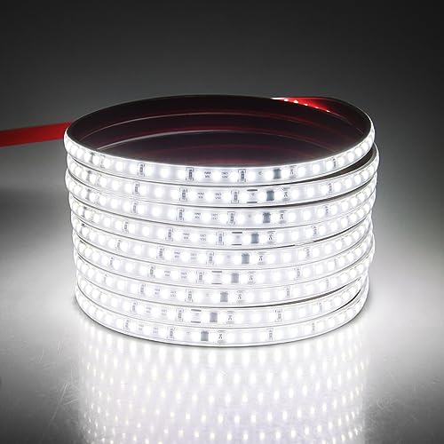 Aclorol 5M Outdoor Led Strip Lights Waterproof AC 110V-130V Flexible LED Rope Lights Outdoor Cool White 6000K Cuttable LED Lights String for Garden Patio Indoor Decorative Lighting 120LEDs/M 16.4FT