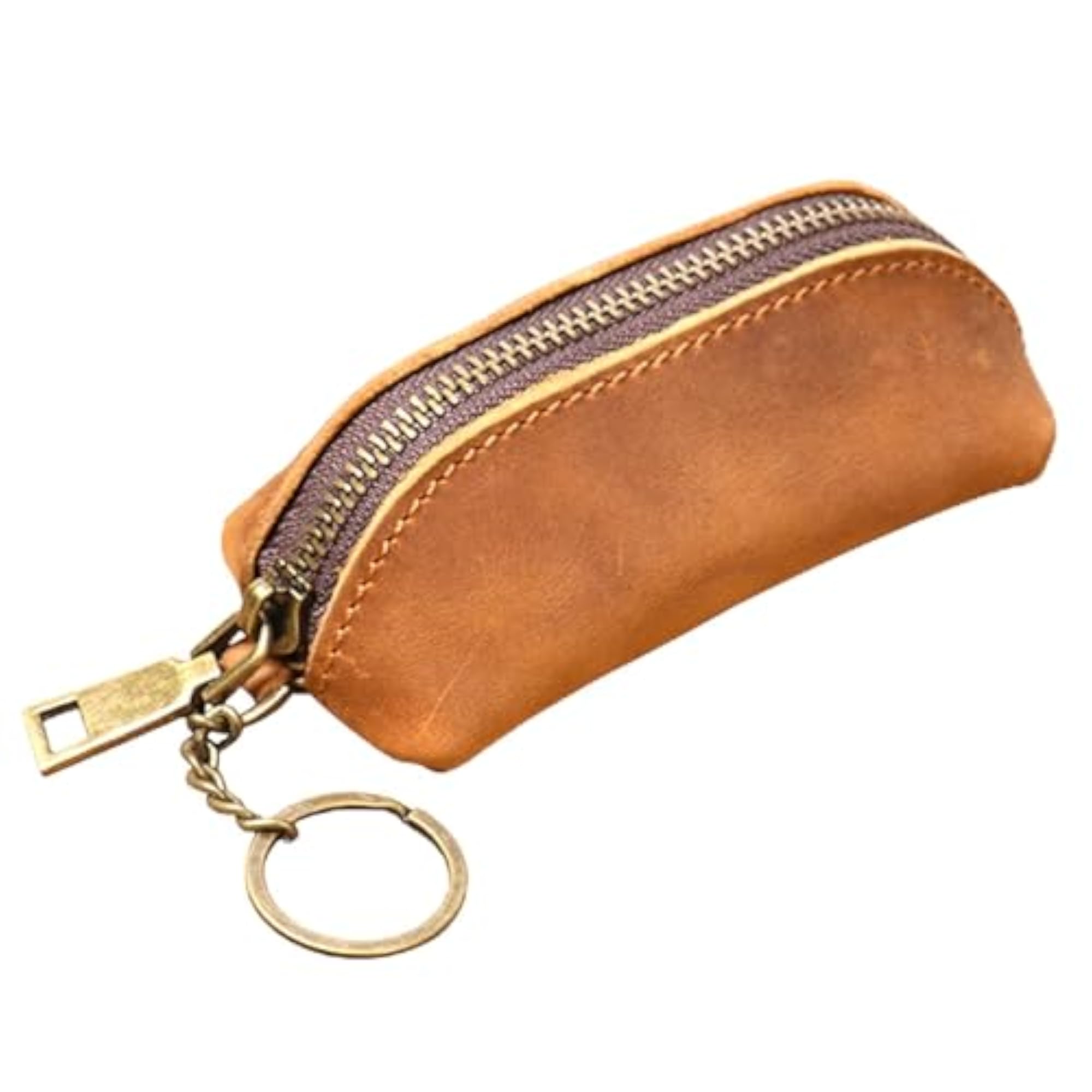 Genuine Leather Zipper Coin Pouch, Brown
