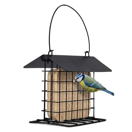 Suet Bird Feeders for Outdoors Hanging, All Metal Bird Suet Cakes Cage Holder with Weatherproof Roof & Perch for Garden, Easy to Refill & Clean, Attract Woodpeckers, Chickadees, Nuthatches, Black