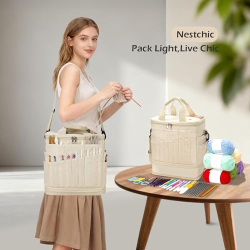 Image of Expandable Crochet Bag,Anti-Tangle Yarn Storage Organizer, Durable Knitting Project Bags for Crocheting Accessories, Portable Travel Yarn Bag for Knitters & Crocheters.ldeal Gift for Women(khaki)