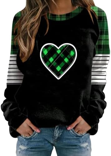 St Patricks Day Shirt Women Casual Saint Paddys Sweatshirt Heart Plaid Shamrock Graphic Long Sleeve Shirts Fitted
