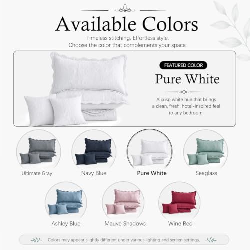 Image of HZ & HY Oversized King Bedspread, Embossed Damask Quilt Set King /Cal King, Lightweight Reversible Coverlet, Scalloped Edge - Clean Classic Look, 5 Piece, Pure White
