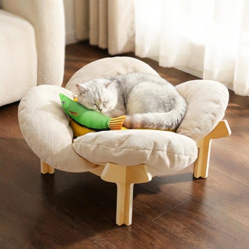 Lassume Elevated Flower Cat Bed with Thickened Soft Cushions Aesthetic Raised Cat Chair for Indoor Cats Wooden Cats Furniture with Toy 39lbs Capacity (Beige Petal & Yellow Center)