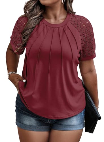 Eytino Womens Plus Size Tops Short Lace Sleeve Crewneck Casual Loose Summer Tshirts Blouse 3X Burgundy