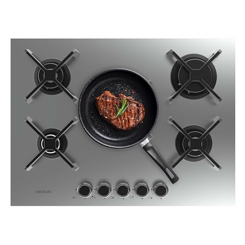 Cecotec Placa de Gas 5 Fuegos Bolero Squad G 5400S Inox. 10.4kW, Acero Inoxidable, Parrillas Hierro Fundido, Quemador WOK Triple Corona, Encendido Electrónico, Seguridad en Válvulas, Accesorio de Gas