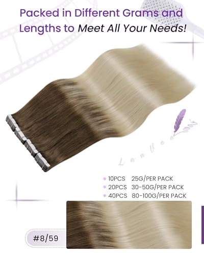 Image of LaaVoo Human Hair Tape in Extensions Balayage Light Brown for Fine Hair | Light Brown Ombre Platinum Blonde, Tape in Hair Extension Human Hair, Silky, Wedding Trial Hairstyle Helper, 16Inch 20Pcs 50G