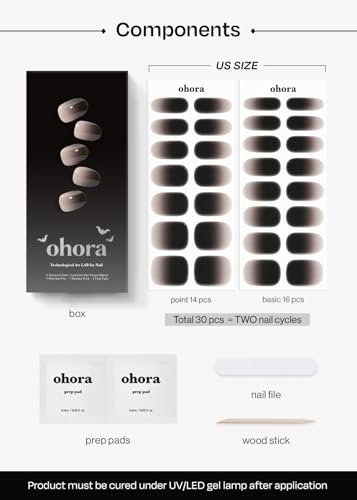 Image of ohora Semi Cured Gel Nail Strips (N Dark Veil) - Works with Any Lamps, Salon-Quality, Long Lasting, Easy to Apply & Remove - Includes 2 Prep Pads, Nail File & Wooden Stick