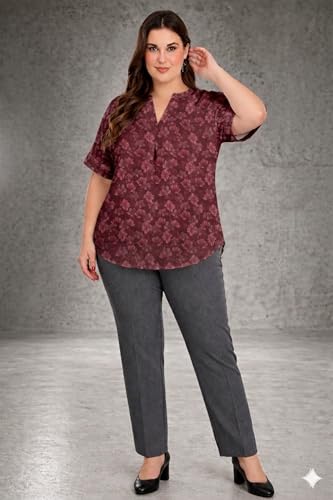Image of SINDOORI Relaxed Fit Tops for Women Plus Size Solid Printed Mandarin Collar, Band Collar, V-Neck Top, Half Sleeve Loose Fit