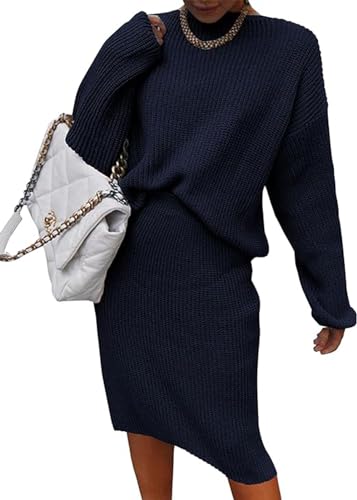 Image of Women 2 Piece Knit Sweater Skirt Set Midi Sweater Dress Long Sleeve Pullover Bodycon Knitted Skirt Set Outfit