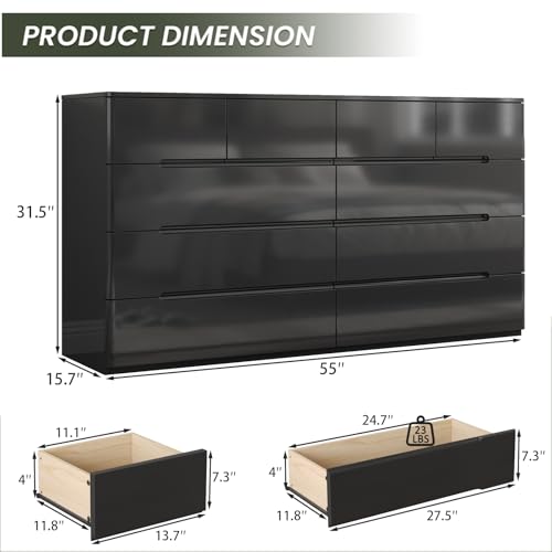 Image of 10 Drawer Black Dresser for Bedroom, 55 inch Long Dresser Chest of Drawers,Large High Gloss Modern Storage Cabinet with Big Drawers Handle Free,Living Room, Entryway, Hallway