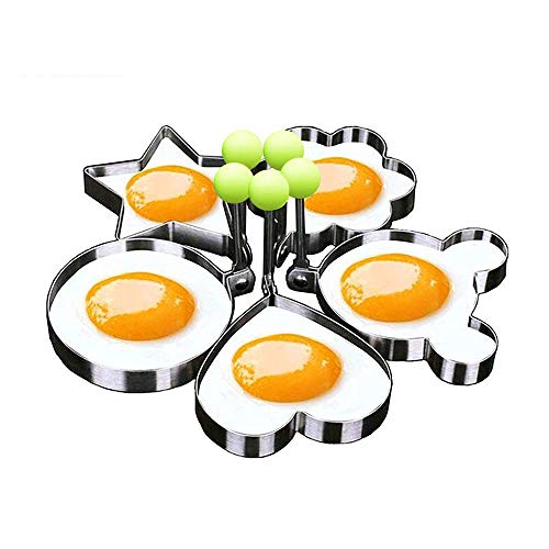 Egg Mold Ring Stainless Steel Egg Pancake Mold Ring Kitchen Utensil for Creative Breakfast 5 Piece Set – Round, Heart, Flower, Five-Pointed Star and Mickey Mouse Shaped Egg Mold Ring